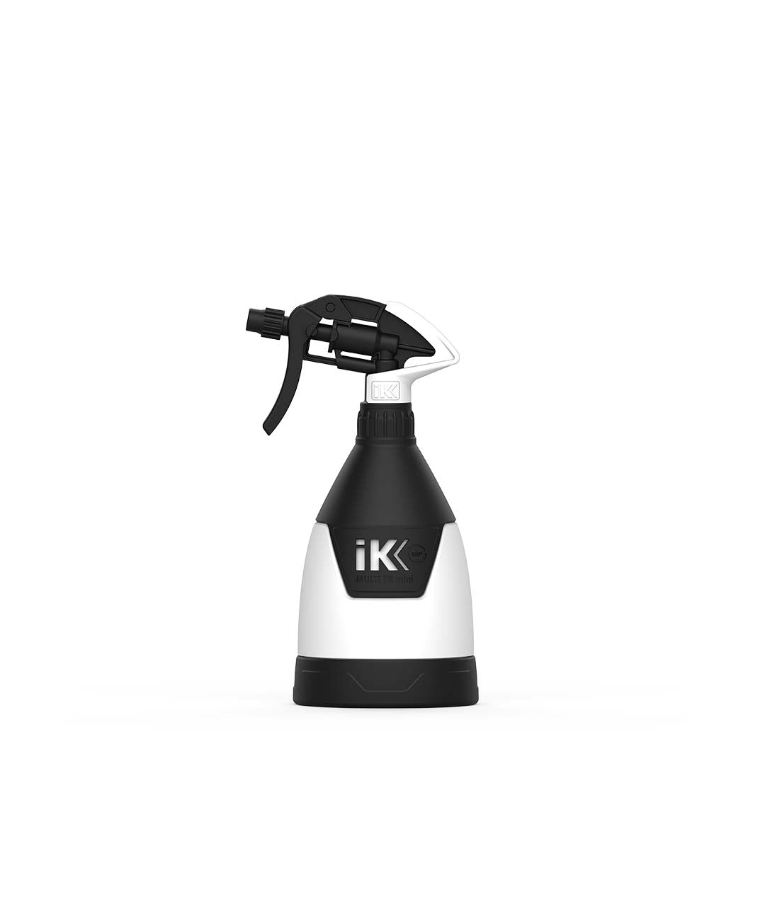 Die IK Multi TR Mini 360º – 0,6 l ist eine kleine, weiß-schwarze Sprühflasche mit einer Sprühdüse und dem IK-Logo auf der Vorderseite, die aufrecht vor einem schlichten weißen Hintergrund abgebildet ist.
