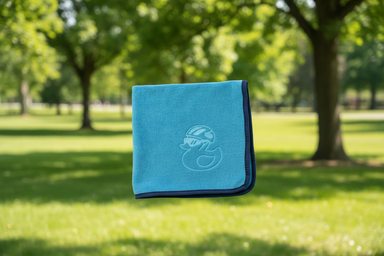 Ein Mikrofasertuch - Premium 800 g/m² in Blau mit einer gestickten Cartoon-Ente mit Helm schwebt in der Luft über grünem Gras und Bäumen in einem sonnigen Park.