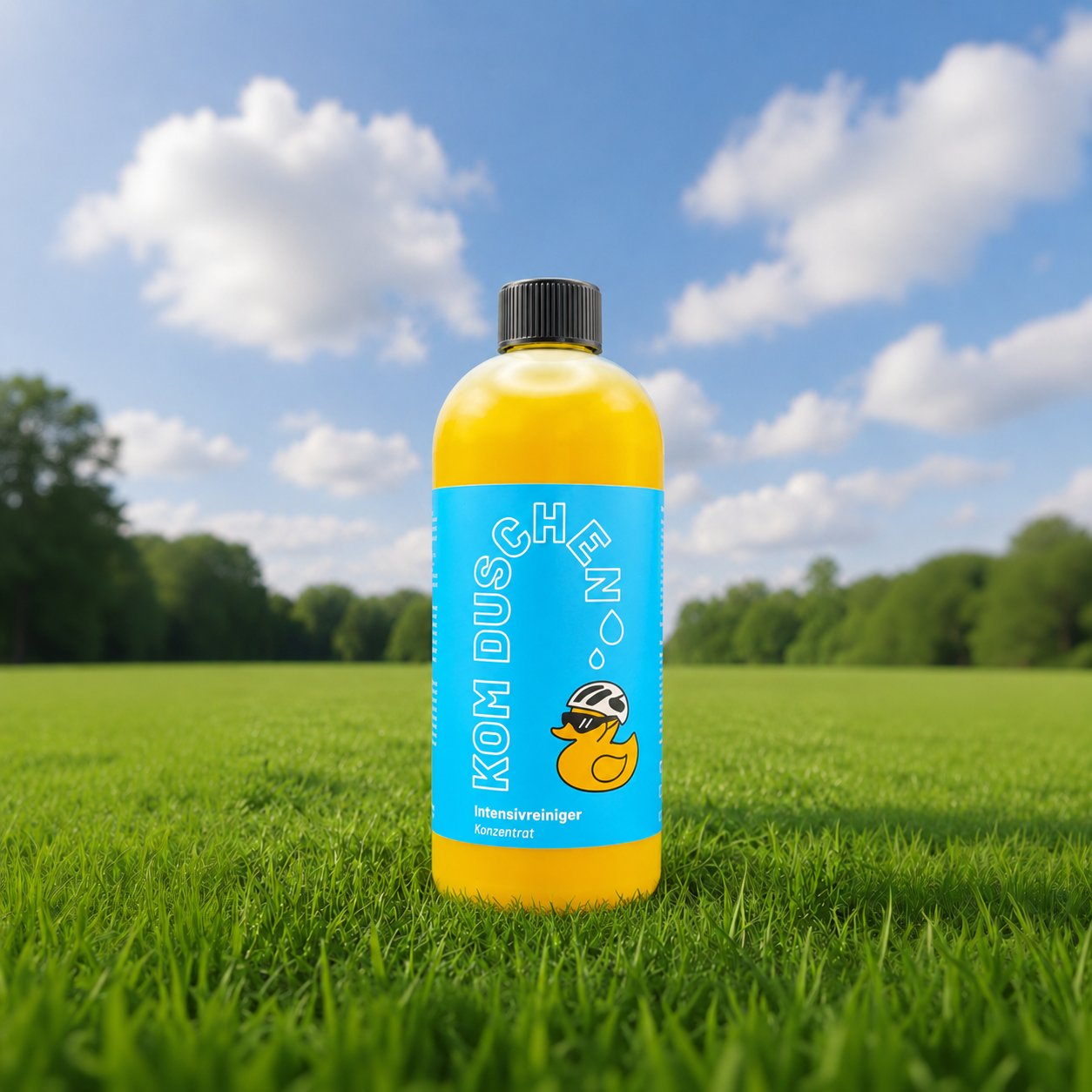Eine Flasche „Intensivreiniger – Konzentrat“ mit blauem Etikett und einer gelben Gummiente steht auf grünem Gras in einem Park, umgeben von Bäumen und vor dem Hintergrund eines blauen Himmels mit Wolken.
