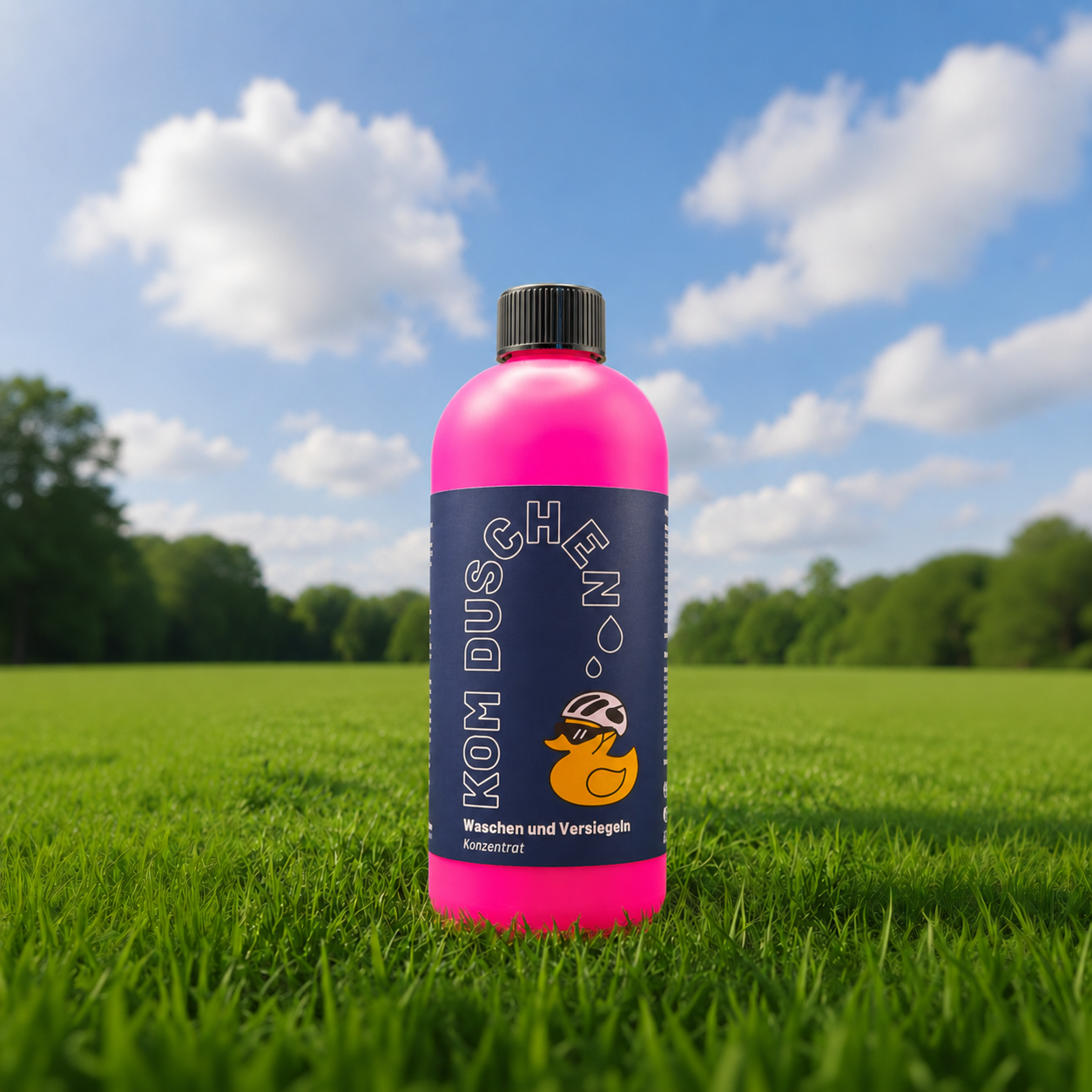 Auf grünem Gras steht eine rosa Flasche mit einem schwarzen Verschluss. Auf dem Etikett steht „Waschen und Versiegeln – Konzentrat“ und ist eine gelbe Ente abgebildet, was auf die clevere Verwendung als Fahrradreiniger hindeutet. Im Hintergrund sind Bäume und ein blauer Himmel mit Wolken zu sehen.