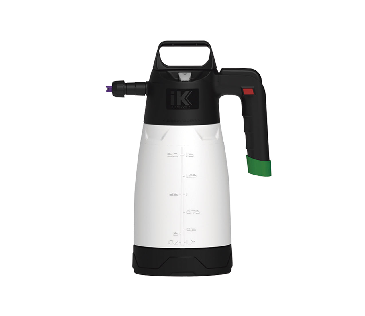 Der IK FOAM Pro 2 - Pumpsprüher ist ein weiß-schwarzer Handdrucksprüher mit einem grün-schwarzen Griff, einer lila Düse, Messmarkierungen auf der Vorderseite und einem oberen Tragegriff, abgebildet auf weißem Hintergrund.