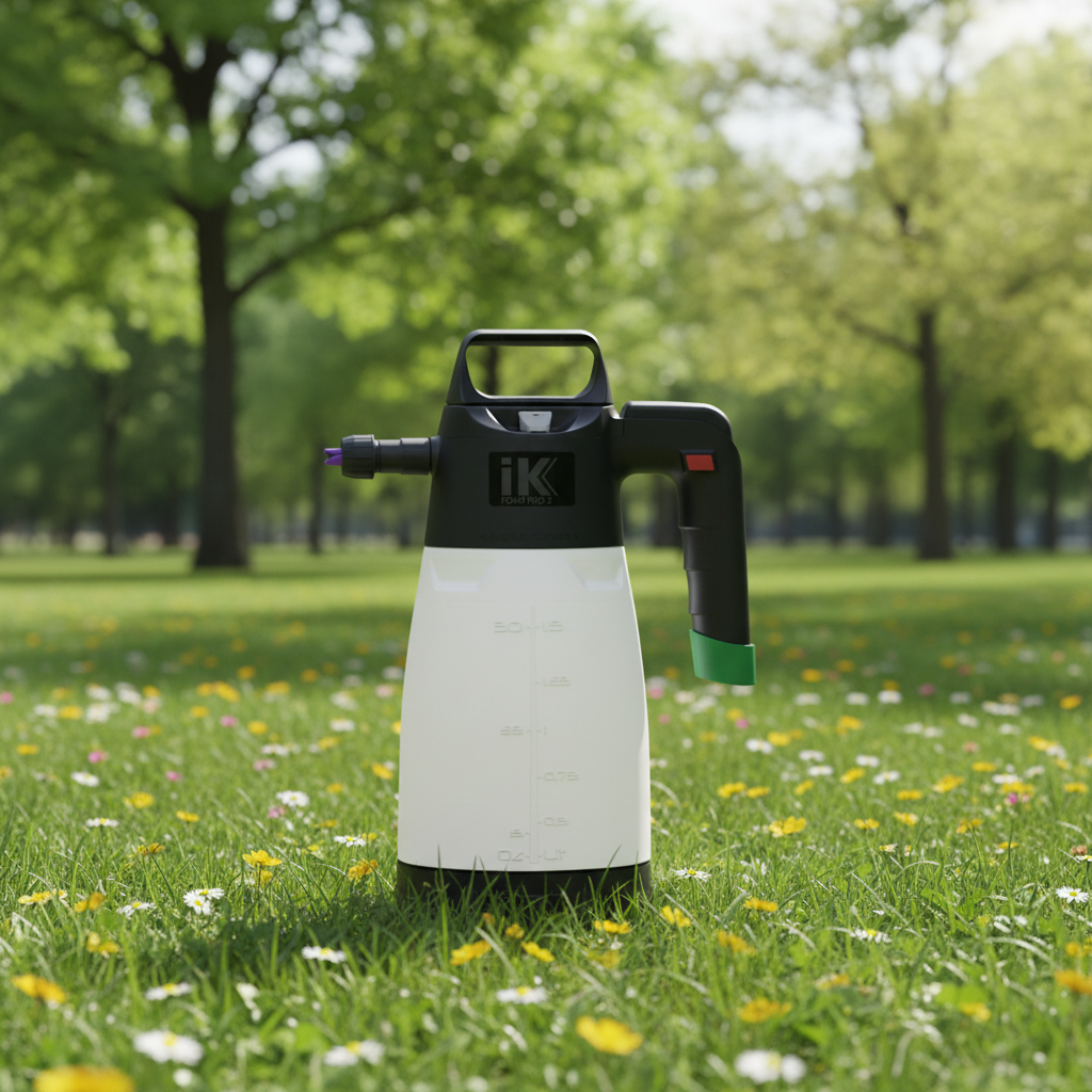 Ein weißer und schwarzer IK FOAM Pro 2 - Pumpsprüher steht auf einem mit kleinen Blumen übersäten Rasen, mit Bäumen und Sonnenlicht im Hintergrund - ideal für Ihre nächste Fahrradpflege-Session im Park oder Garten.