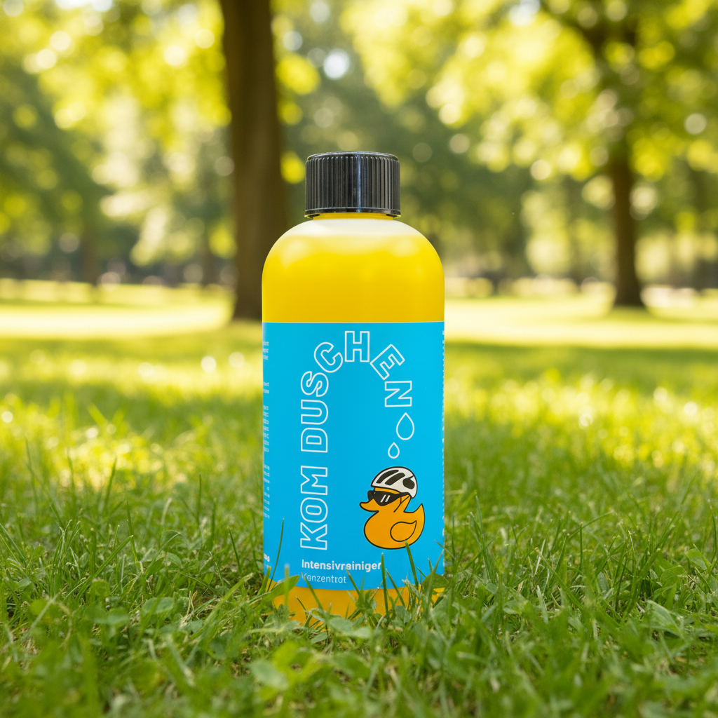 Eine gelbe Flasche mit schwarzem Verschluss und einem hellblauen Etikett mit weißer Beschriftung und einer kleinen Cartoon-Ente – der „Intensivreiniger – Konzentrat“ eignet sich dank seiner hochkonzentrierten Waschmittelformel ideal für die Fahrradreinigung.