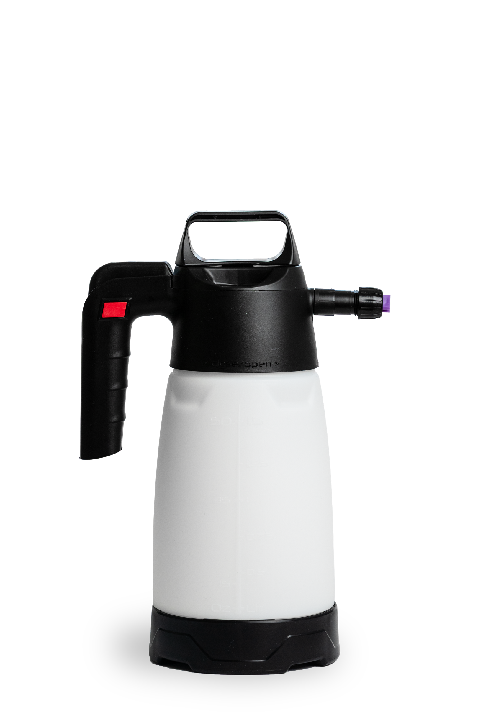 Der IK FOAM Pro 2 - Pumpsprüher ist aufrecht auf einem schlichten weißen Hintergrund abgebildet. Mit schwarzem Griff, Düse, rotem Knopf und lila Spitze ist er perfekt für die Fahrradreinigung oder Ihr bevorzugtes Schaumsystem.