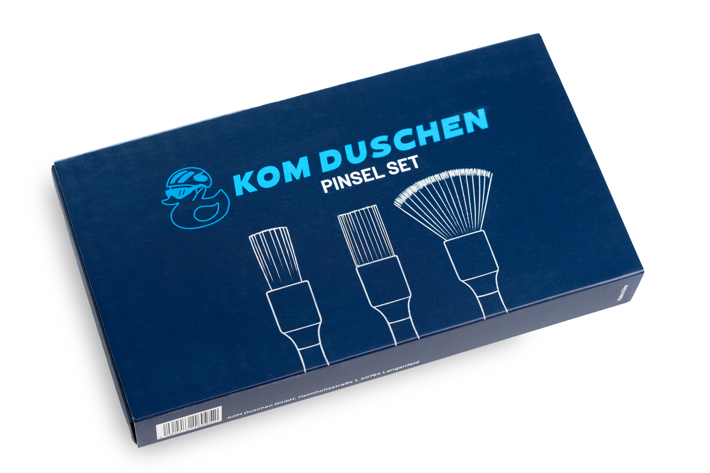 Eine blaue rechteckige Schachtel mit der Aufschrift "Pinselset - Fahrrad Detailing" mit einer Cartoon-Figur mit Helm und drei illustrierten Pinseln auf der Vorderseite.