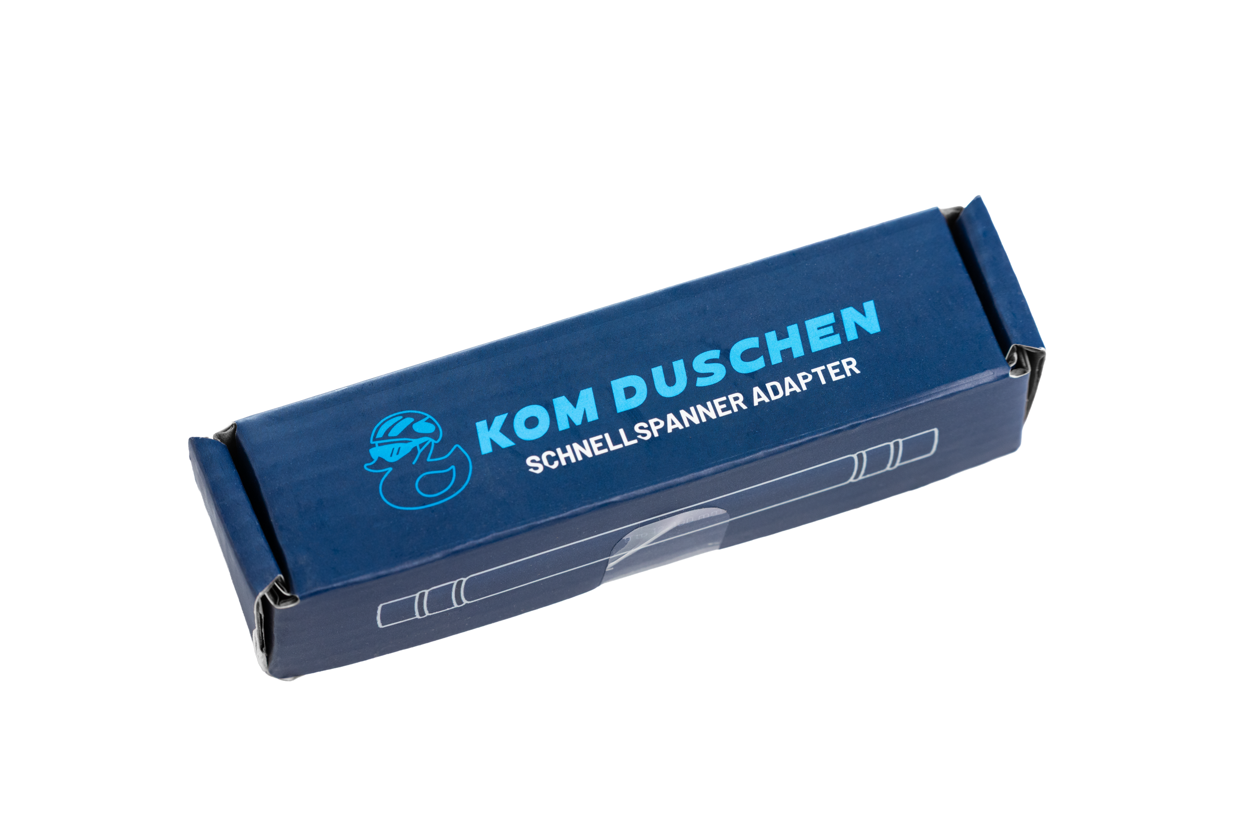 Ein blauer rechteckiger Kasten mit der Aufschrift Schnellspanner Adapter mit einem Cartoon-Gesichtssymbol und einer Adapterillustration vor einem weißen Hintergrund.