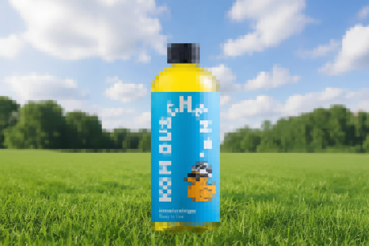Eine Flasche Intensivreiniger - Konzentrat mit blauem und gelbem Etikett steht auf grünem Gras in einem sonnigen Feld, mit Bäumen und einem blauen Himmel mit Wolken im Hintergrund. Der Text und die Bilder auf dem Etikett erscheinen unklar.