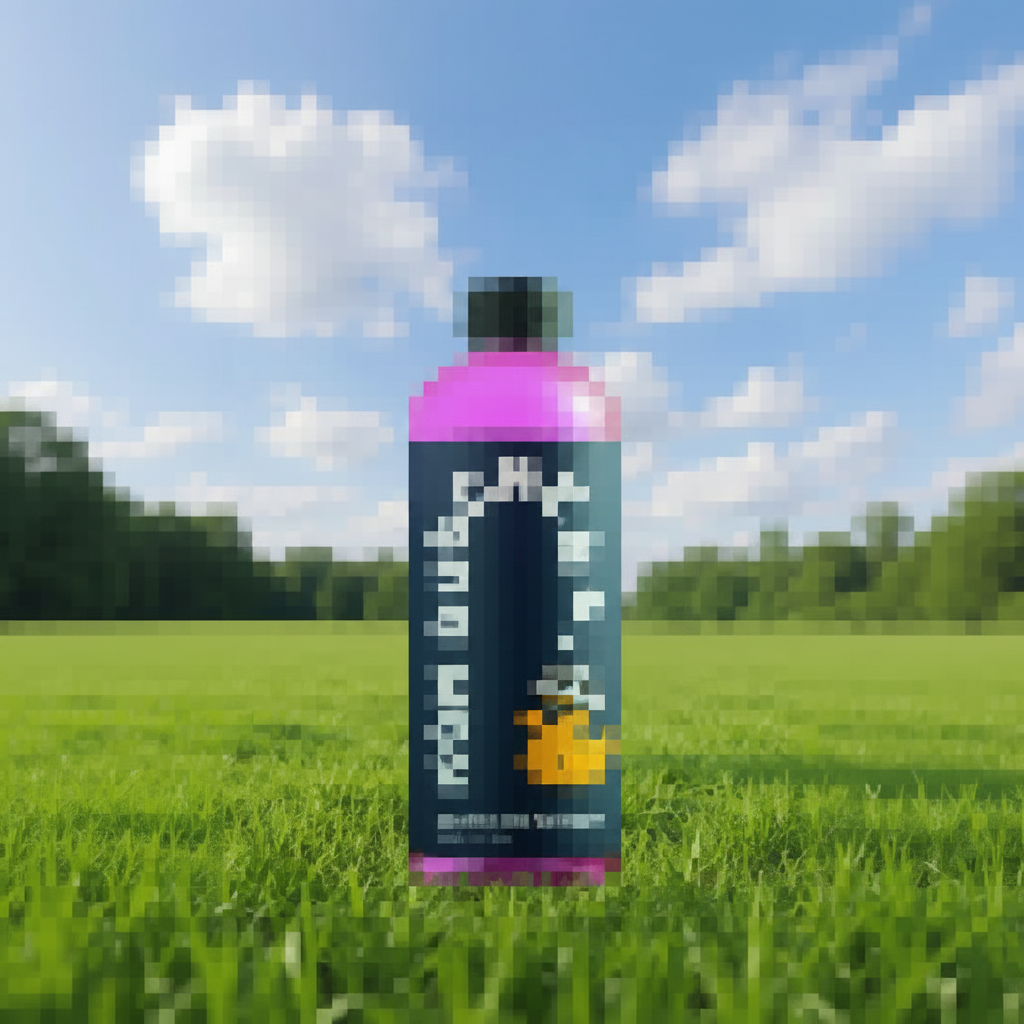 Eine Flasche Waschen und Versiegeln - Konzentrat mit lilafarbenem Verschluss und dunklem Etikett sitzt auf grünem Gras in einem sonnigen Feld unter blauem Himmel, ideal für Lackschutz. Dieser Reiniger mit Wachs lässt Ihr Fahrrad glänzen. Der Text des Etiketts ist undeutlich.