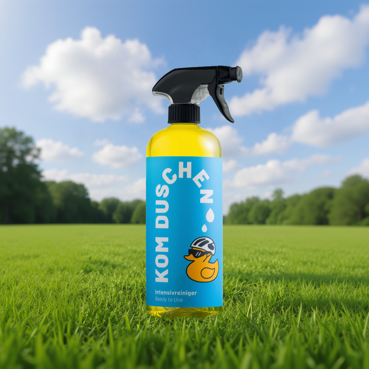 Eine Sprühflasche aus dem Profi - Set, perfekt für die Fahrradreinigung und mit einer Gummientengrafik, steht auf grünem Gras unter einem blauen Himmel mit vereinzelten Wolken. Im unscharfen Hintergrund sind Bäume zu sehen.