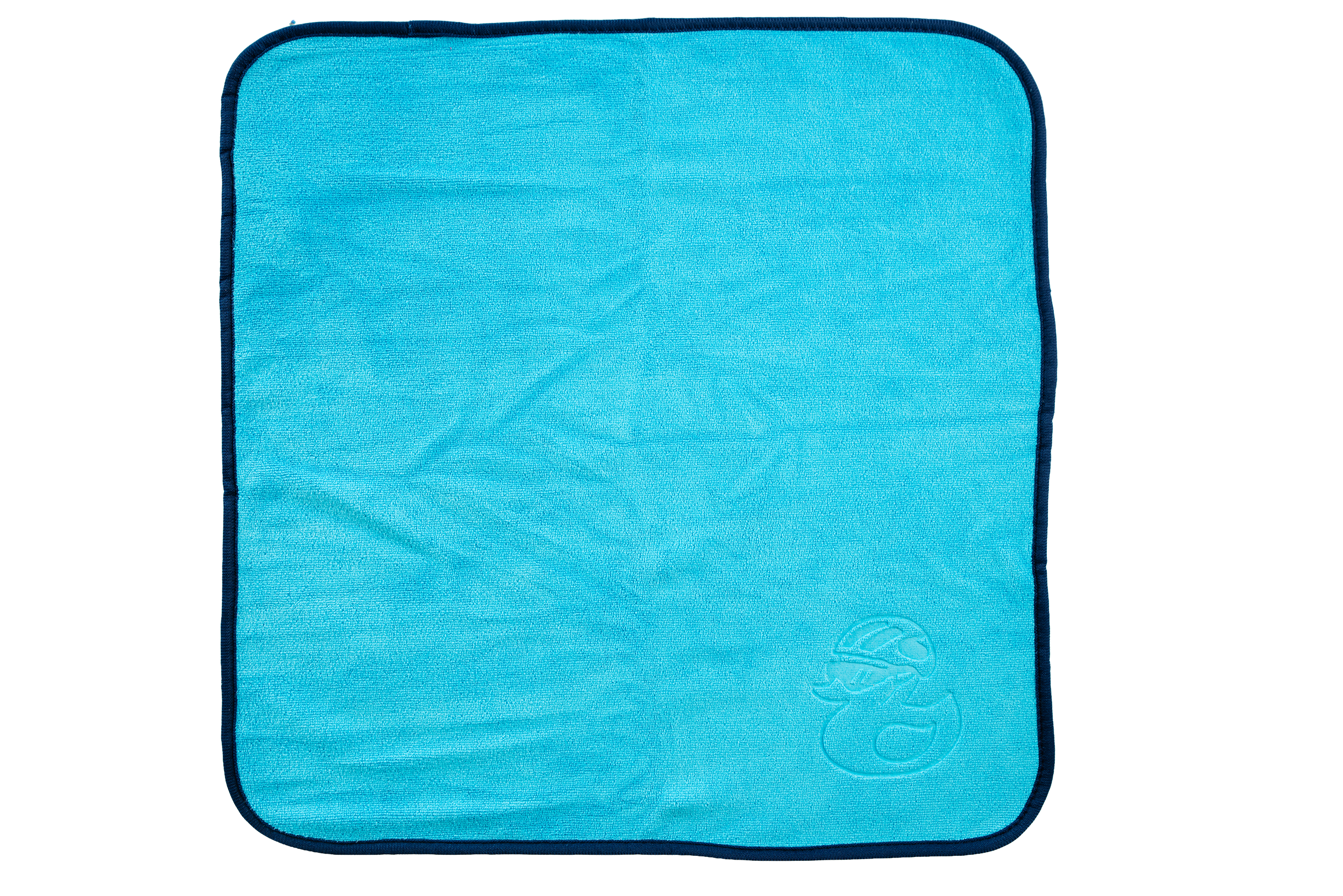 Ein Set aus vier rechteckigen, hellblauen Mikrofasertüchern (400 g/m²) mit dunkelblauem Rand und einer geprägten Ente mit Bauarbeiterhelm in einer Ecke, dargestellt auf einem schlichten weißen Hintergrund.